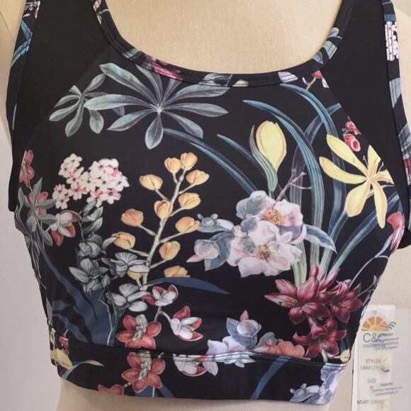 C&C California Womens M Sports Bra Performance Black Floral Mesh Stretch Wicking - Picture 3 of 16